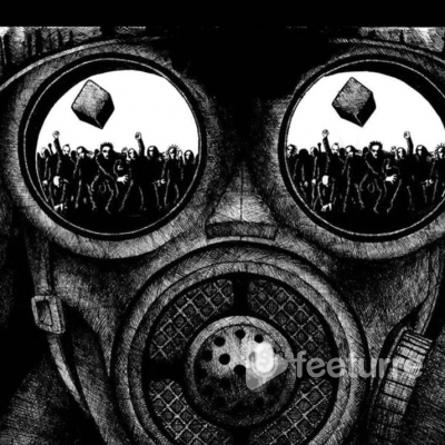 Female Model in Gas Mask with TVs in Background